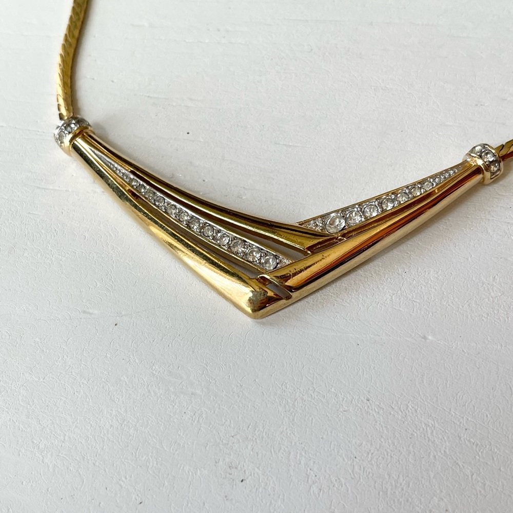 Vintage Monet Goldtone and Rhinestone Choker V Necklace